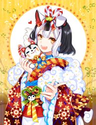 Rule 34 | 1girl, animal ears, black hair, blush stickers, dog ears, dyed bangs, extra ears, headdress, japanese clothes, kimono, looking at viewer, multicolored hair, open mouth, original, ririkuto, short hair, solo, two-tone hair, white hair, yellow eyes