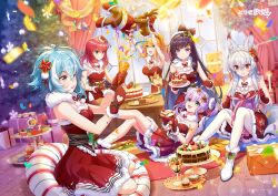 Rule 34 | 6+girls, :d, :p, ;d, absurdres, animal ear fluff, animal ears, ankle boots, arms up, black hair, blonde hair, blue eyes, blue hair, boots, bow, bow-shaped hair, box, braid, breasts, cake, cake slice, christmas, christmas tree, confetti, copyright name, copyright notice, crown braid, cupcake, cushion, dress, dress bow, feeding, flower, food, foot up, fox ears, fox tail, fur-trimmed dress, fur-trimmed footwear, fur-trimmed gloves, fur collar, fur trim, gift, gift box, gloves, green eyes, grey eyes, hair flower, hair ornament, hair ribbon, highres, holding, holding gift, holding party popper, holding plate, holding spoon, holding stuffed toy, indoors, isabella holly, jinguuji tamamo, knees up, lap pillow, li seika, logo, long hair, looking at another, lying, medium breasts, medium hair, mo xi, multicolored hair, multiple girls, official art, on back, on floor, one eye closed, open mouth, party popper, plate, ponytail, purple eyes, purple hair, red dress, red eyes, red flower, red footwear, red gloves, red hair, red ribbon, revdol, ribbon, rose barrett, seiza, short dress, short hair, sitting, sleeveless, sleeveless dress, smile, snowflake ornament, snowflake print, socks, spoon, strapless, strapless dress, streaked hair, stuffed deer, stuffed toy, tail, thighhighs, tongue, tongue out, twintails, uranova katya, virtual youtuber, white footwear, white hair, white socks, white thighhighs, wooden floor, zabuton