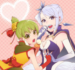 Rule 34 | 10s, 2girls, abe (f!mixture), adapted costume, alternate hairstyle, bad id, bad pixiv id, blue eyes, blue hair, blue rose (tiger &amp; bunny), breasts, chinese clothes, cleavage, dragon kid, earrings, elbow gloves, fingerless gloves, flower, gloves, green eyes, green hair, hair flower, hair ornament, holding hands, hat, huang baoling, interlocked fingers, interlocked hands, jewelry, karina lyle, lipstick, makeup, medium breasts, microphone, multiple girls, short hair, short ponytail, superhero costume, tiger &amp; bunny