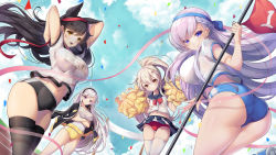 Rule 34 | 4girls, alternate costume, ass, atago (azur lane), ayanami (azur lane), azur lane, belfast (azur lane), black hair, blush, braid, breasts, buruma, cheerleader, cloud, day, enterprise (azur lane), flag, gym shorts, gym uniform, hand up, highres, koflif, large breasts, long hair, looking at viewer, multiple girls, open mouth, orange eyes, outdoors, ponytail, purple eyes, shorts, side braid, sky, small breasts, smile, sports festival, thighhighs, track and field, underwear, white hair, yellow eyes