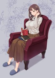 Rule 34 | 1girl, adjusting hair, armchair, bad id, bad pixiv id, blue eyes, blush, book, breasts, brown hair, brown skirt, chair, closed mouth, floral background, full body, highres, holding, holding book, large breasts, long hair, long skirt, long sleeves, nanatsu (pixiv1467365), natsu (nattiyann), no socks, open book, original, reading, sitting, skirt, slippers, smile, solo, striped clothes, striped sweater, sweater