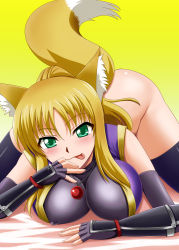 Rule 34 | 10s, 1girl, :p, all fours, animal ears, ass, blonde hair, breasts, collar, dog days, fox ears, fox tail, green eyes, large breasts, naughty face, no panties, ponytail, solo, tail, thighhighs, tongue, tongue out, yukikaze panettone, zerosu (take out)