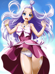 Rule 34 | 1girl, blue eyes, breasts, cameltoe, cleavage, clothes lift, dress, dress lift, fairy tail, highres, jewelry, large breasts, mirajane strauss, necklace, onoe, panties, ribbon, skirt, skirt lift, smile, solo, tattoo, topknot, underwear, upskirt, white hair, wind