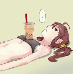 Rule 34 | ..., 1girl, absurdres, annoyed, black eyes, black sports bra, breasts, bubble tea, bubble tea challenge, drinking straw, female focus, hair behind ear, highres, looking up, lying, navel, object on breast, on back, original, parted lips, red hair, sadamatsu ryuuichi, small breasts, solo, spoken ellipsis, sports bra, stomach, twintails, underboob