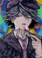 Rule 34 | 1boy, aqua eyes, black hair, bungou stray dogs, candy, collared shirt, edogawa ranpo (bungou stray dogs), food, hair between eyes, hand up, hat, highres, holding, holding candy, holding food, holding lollipop, jacket, lollipop, male focus, minase mia, multicolored background, necktie, open clothes, open jacket, open mouth, shirt, short hair, signature, solo, striped necktie, teeth, upper body, white shirt