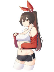 Rule 34 | 1girl, absurdres, alternate costume, amber (genshin impact), bare shoulders, black shorts, blush, breasts, brown eyes, brown hair, cleavage, closed mouth, collarbone, cropped legs, crossed bangs, dolphin shorts, genshin impact, groin, hair between eyes, hair ribbon, high ponytail, highres, jacket, long hair, long sleeves, looking at viewer, medium breasts, midriff, navel, off shoulder, red jacket, red ribbon, ribbon, short shorts, shorts, shrug (clothing), sidelocks, simple background, solo, sports bra, standing, thighhighs, white background, white sports bra, white thighhighs, ziro (zirorong)