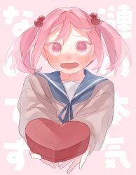 Rule 34 | blue sailor collar, box, brown sweater, commentary request, cropped torso, hair bobbles, hair ornament, heart-shaped box, highres, kantai collection, medium hair, open mouth, pink eyes, pink hair, sailor collar, sazanami (kancolle), school uniform, serafuku, suppaman (rfjy), sweater, text background, translation request, twintails, upper body