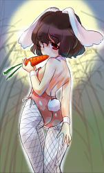 Rule 34 | 1girl, animal ears, ass, back, backless leotard, backless outfit, bamboo, bamboo forest, bare arms, bare shoulders, black hair, carrot, cowboy shot, fishnet pantyhose, fishnets, floppy ears, forest, highleg, highleg leotard, highres, inaba tewi, kiyama satoshi, leotard, nature, pantyhose, playboy bunny, rabbit ears, rabbit girl, rabbit tail, red eyes, sexually suggestive, solo, tail, touhou, white pantyhose, wrist cuffs