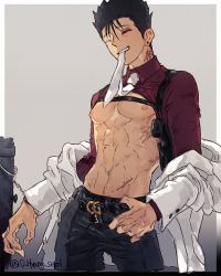 Rule 34 | 1boy, abs, belt, black hair, black pants, cuffs, earrings, gun, hand on own hip, handcuffs, highres, holster, jewelry, leeis cool, long sleeves, male focus, manly, mob psycho 100, mouth hold, necktie, nipples, one eye closed, pants, red eyes, shimazaki ryo, shoulder holster, solo, standing, stud earrings, twitter username, weapon, white necktie