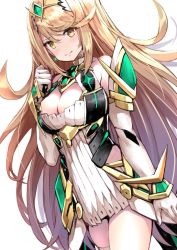 Rule 34 | 1girl, bare shoulders, blonde hair, blush, breasts, cleavage, closed mouth, cowboy shot, earrings, female focus, headpiece, jewelry, large breasts, long hair, looking at viewer, matching hair/eyes, mythra (xenoblade), nintendo, rin2008, simple background, skindentation, smile, solo, swept bangs, tiara, very long hair, white background, xenoblade chronicles (series), xenoblade chronicles 2, yellow eyes