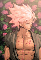 Rule 34 | 1boy, bara, bare pectorals, blood, blood on chest, blood on face, dark-skinned male, dark skin, dougi, dragon ball, dragonball z, floral background, flower, goku black, highres, large pectorals, looking to the side, male focus, muscular, muscular male, nipples, open clothes, open shirt, pectorals, pink flower, pink hair, short hair, sideburns, solo, super saiyan, super saiyan rose, supobi, thick eyebrows, wind