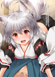 Rule 34 | 1boy, 1girl, animal ears, black skirt, blush, breasts, collarbone, comiket 93, commentary request, girl on top, grey hair, highres, indoors, inubashiri momiji, kei kei, kourindou tengu costume, medium breasts, navel, official alternate costume, open mouth, red eyes, ribbon-trimmed sleeves, ribbon trim, short hair, skirt, smile, solo focus, tail, touhou, translation request, wide sleeves, wolf ears, wolf girl, wolf tail