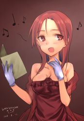 Rule 34 | 1girl, :d, aohashi ame, beamed eighth notes, breasts, character name, cleavage, commentary, dated, dotted quarter note, dress, eighth note, flower, formal, gloves, happy birthday, heart, long hair, looking at viewer, medium breasts, minna-dietlinde wilcke, music, musical note, open mouth, red dress, rose, shawl, singing, smile, solo, standing, strapless, strapless dress, strike witches, white gloves, world witches series