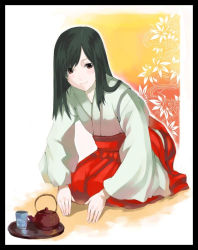 Rule 34 | 1girl, hakama, hakama skirt, japanese clothes, miko, original, palmeros, red hakama, seiza, sitting, skirt, solo, tea