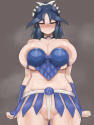 Rule 34 | 1girl, alternate body size, alternate breast size, areola slip, arms at sides, belly, black hair, blush, bracer, breasts, clenched hands, closed eyes, coelacanth (kemono friends), coelacanth (kemono friends) (cosplay), collar, collarbone, cosplay, covered clitoris, cowboy shot, curvy, embarrassed, facing viewer, furrowed brow, green hair, groin, hair ornament, highres, huge breasts, kako (kemono friends), kemono friends, large areolae, long hair, multicolored hair, navel, nose blush, parted lips, plump, shibori kasu, skindentation, solo, stomach, sweat, two-tone hair, undersized clothes
