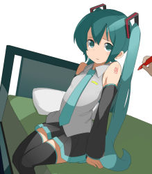 Rule 34 | 1girl, aqua eyes, aqua hair, bad id, bad pixiv id, bare shoulders, bed, detached sleeves, hatsune miku, long hair, marker, necktie, on bed, pillow, pleated skirt, scared, sitting, skirt, solo, stylus, tamakorogashi, tattoo, thighhighs, twintails, very long hair, vocaloid, white background, zettai ryouiki