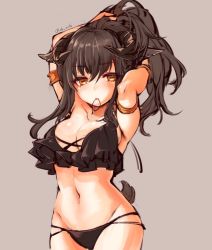 Rule 34 | 1girl, adjusting hair, animal ears, armlet, armpits, arms up, bad id, bad twitter id, bikini, black bikini, black hair, blush, bracelet, breasts, brown background, brown eyes, commentary, conomi-c5, cowboy shot, frilled bikini, frills, groin, hair tie in mouth, half-closed eyes, hands in hair, highres, horizontal pupils, horns, jewelry, long hair, looking at viewer, medium breasts, mouth hold, navel, original, sheep, sheep ears, sheep horns, sheep tail, solo, standing, swimsuit, tail, twitter username
