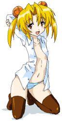 Rule 34 | 10s, 1girl, arms behind back, arms up, blonde hair, dress shirt, female focus, full body, hide yoshino, kneeling, macla, oekaki, open clothes, open mouth, open shirt, panties, sengoku otome, shirt, simple background, solo, striped clothes, striped panties, thighhighs, twintails, underwear, white background