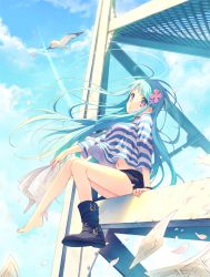 Rule 34 | 1girl, animal, bare legs, barefoot, bird, black shorts, blue eyes, blue hair, boots, day, feet, floating hair, full body, hair ornament, head tilt, knees together feet apart, long hair, looking at viewer, matching hair/eyes, miniskirt, multicolored eyes, navel, original, outdoors, paper, petals, pink eyes, reia, shirt, shoes, short shorts, shorts, single boot, single shoe, sitting, skirt, sky, solo, striped clothes, striped shirt, sunlight, textless version, very long hair, wind, wristband