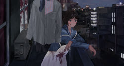 Rule 34 | 1girl, absurdres, against railing, air conditioner, apron, black hair, blood, blood on clothes, blood on face, blood on hands, blood stain, blue eyes, bob cut, building, cityscape, highres, against railing, looking at viewer, maoyasumisumi, napkin, night, open mouth, original, pajamas, railing, shirt, skirt, solo, veranda, window