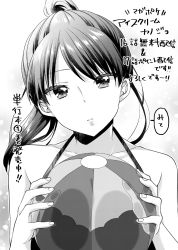 Rule 34 | 1girl, ball, bare shoulders, beachball, bikini, collarbone, commentary request, greyscale, halterneck, head tilt, highres, holding, holding ball, ice cream kanojo, kawai miruku, kuune rin, long hair, looking at viewer, monochrome, parted lips, ponytail, solo, swimsuit, translation request, transparent
