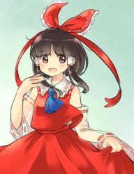 Rule 34 | 1girl, :d, ascot, bad id, bad twitter id, black hair, blue ascot, blunt bangs, blush, brown eyes, commentary, detached sleeves, hair ribbon, hair tubes, hakurei reimu, hand up, looking at viewer, one-hour drawing challenge, open mouth, red ribbon, red skirt, red vest, ribbon, sasa kichi, see-through, short hair, skirt, skirt hold, smile, solo, standing, touhou, upper body, vest, wide sleeves