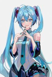 Rule 34 | 1girl, bare shoulders, black skirt, blue eyes, blue hair, blue nails, blue necktie, blush, breasts, collared shirt, detached sleeves, fingernails, grey shirt, hair between eyes, hair ornament, hands up, hatsune miku, headphones, long fingernails, long hair, long sleeves, looking at viewer, lunar (lunar 815), medium breasts, microphone, nail polish, necktie, number tattoo, open mouth, own hands together, shirt, simple background, skirt, smile, solo, standing, tattoo, teeth, tongue, twintails, vocaloid, white background, wide sleeves