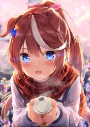 Rule 34 | 1girl, animal ears, blue eyes, blurry, blurry background, blush, bow, brown hair, commentary request, dot nose, drink, hair between eyes, hair bow, hands up, high ponytail, highres, holding, holding drink, horse ears, horse girl, long hair, long sleeves, looking at viewer, multicolored hair, nail polish, open mouth, pink bow, plaid, plaid scarf, purple sailor collar, purple shirt, sailor collar, scarf, shirt, sidelocks, sironora, smile, solo, streaked hair, tokai teio (umamusume), two-tone hair, umamusume, upper body, white hair, wrinkled fabric