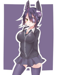 Rule 34 | 10s, 1girl, arms behind back, blush, breasts, cardigan, checkered clothes, checkered necktie, checkered neckwear, cleavage, dress shirt, eyepatch, headgear, kantai collection, kou89, large breasts, loose necktie, necktie, open mouth, personification, purple background, purple hair, purple thighhighs, shirt, skirt, solo, sweater, tenryuu (kancolle), thighhighs, yellow eyes, zettai ryouiki