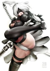 Rule 34 | 1girl, artist name, ass, black dress, black gloves, black thighhighs, blindfold, breasts, cameltoe, character name, cleavage, copyright name, dress, gloves, holding, holding sword, holding weapon, kicking, leg up, legs, leotard, medium breasts, mole, mole under mouth, nier (series), nier:automata, panties, pantyshot, short hair, silver hair, simple background, solo, souryu, spread legs, sword, thighhighs, thighs, underwear, upskirt, weapon, white background, white leotard, 2b (nier:automata)