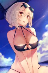 Rule 34 | 1girl, :d, absurdres, alternate costume, azur lane, bikini, black bikini, blurry, blurry background, breasts, choker, cleavage, collarbone, day, eyewear on head, hair between eyes, heart, heart-shaped eyewear, highres, large breasts, light particles, looking at viewer, low twintails, o-ring, o-ring top, ocean, open mouth, outdoors, red eyes, sakura cha, sand, short hair, sidelocks, sirius (azur lane), sirius (scorching-hot seirios) (azur lane), sitting, skindentation, smile, solo, stomach, sunglasses, swimsuit, twintails, white hair