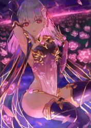Rule 34 | 1girl, aochoku, arm behind head, arm up, armpits, bare shoulders, breasts, covered navel, detached sleeves, dress, earrings, fate/grand order, fate (series), field, flower, flower field, hair between eyes, hair ribbon, highres, jewelry, kama (fate), kama (second ascension) (fate), looking at viewer, lotus, open mouth, purple dress, purple thighhighs, red eyes, ribbon, ring, short hair, silver hair, sitting, small breasts, solo, thighhighs, thighs