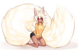 Rule 34 | 1girl, absurdres, alternate color, animal ear fluff, animal ears, bare legs, barefoot, bike shorts, blonde hair, blush, clothes tug, dark-skinned female, dark skin, embarrassed, fluffy, fox ears, fox tail, full body, highres, kneeling, large tail, long hair, looking at viewer, original, pink eyes, simple background, solo, sub-res, sub-tan, sweater, sweater tug, tail, yellow sweater