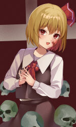 Rule 34 | 1girl, absurdres, ascot, black skirt, black vest, blonde hair, blush, collared shirt, fang, hair ribbon, hat, highres, koizumo, long sleeves, looking at viewer, open mouth, red ascot, red eyes, red ribbon, ribbon, rumia, shirt, short hair, skin fang, skirt, skull, smile, solo, touhou, vest, white shirt