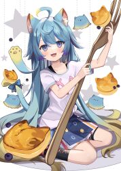 Rule 34 | &gt; &lt;, 1girl, :3, :d, animal ear fluff, animal ears, blonde hair, blue eyes, blue hair, cat ears, cat girl, cat tail, commission, creature, food, fork, full body, goma (u p), gradient hair, highres, indie virtual youtuber, lanmewko, long hair, looking at viewer, multicolored hair, open mouth, oversized object, pancake, pixiv commission, plate, shirt, short sleeves, sitting, skirt, smile, tail, very long hair, virtual youtuber, white shirt