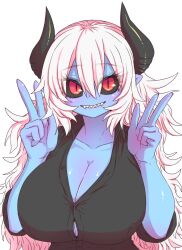 Rule 34 | 1girl, aohada bocchi, black horns, black sclera, blue skin, blush, breasts, cleavage, collarbone, colored sclera, colored skin, curvy, demon girl, demon horns, demon tail, double v, hands on own hips, highres, horns, huge breasts, long hair, pointy ears, red eyes, ruri (aohada bocchi), sharp teeth, skirt, smile, solo, tail, tank top, teeth, unbuttoned, unbuttoned shirt, v, white background, white hair, zyugoya