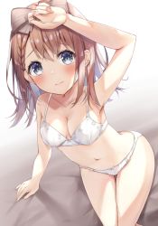Rule 34 | 1girl, arm support, arm up, bare arms, bare shoulders, bed sheet, blush, bow, bow bra, bow panties, bra, breasts, brown bow, brown hair, cleavage, closed mouth, collarbone, commentary request, grey eyes, hair between eyes, hair bow, hanasato minori, long hair, looking at viewer, medium breasts, navel, panties, project sekai, sitting, solo, underwear, underwear only, white bra, white panties, yashin