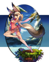 Rule 34 | 10s, 1girl, absurdres, adjusting hair, animal ear fluff, animal ears, armpits, arms behind head, arms up, ass, blade &amp; soul, blue eyes, blue sky, blush, bow, breasts, brown hair, butt crack, cape, dress, earrings, elbow gloves, from side, gloves, hands in hair, highres, jewelry, jumping, leg lift, leg up, long hair, long tail, lyn (blade &amp; soul), magatama, magatama earrings, mouth hold, palm tree, panties, qbspdl, ribbon, running, shoes, short dress, sideboob, sky, slippers, smile, solo, star-shaped pupils, star (symbol), strapless, strapless dress, symbol-shaped pupils, tail, tassel, thighhighs, thighs, thong, tree, underwear, white panties, white thighhighs, wolf ears