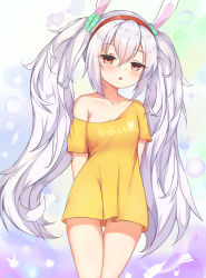 Rule 34 | 1girl, alternate costume, animal ears, arms behind back, azur lane, blush, breasts, casual, cleavage, collarbone, commentary request, contemporary, cowboy shot, eyes visible through hair, fake animal ears, gradient background, hairband, half-closed eyes, highres, irokari, laffey (azur lane), long hair, looking at viewer, no pants, off-shoulder shirt, off shoulder, oversized clothes, parted lips, rabbit ears, red eyes, revision, shirt, single bare shoulder, solo, t-shirt, translation request, twintails, very long hair, white hair, yellow shirt
