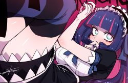 Rule 34 | 1girl, blush, covered mouth, dress, heart, heart-shaped pupils, j.k., long hair, maid headdress, makeup, mascara, multicolored hair, panty &amp; stocking with garterbelt, solo, stocking (psg), striped clothes, striped thighhighs, symbol-shaped pupils, thighhighs