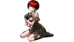 Rule 34 | 1girl, :|, angry, artist request, black footwear, blunt bangs, brown eyes, camera, closed mouth, commentary, crossed arms, danganronpa (series), danganronpa 2: goodbye despair, dress, dress shirt, english commentary, from side, full body, gingham necktie, green dress, green socks, holding, holding camera, kneehighs, koizumi mahiru, looking at viewer, looking to the side, necktie, hugging object, official art, on ground, oshiro project:re, oshiro project:re, pinafore dress, pleated dress, red hair, red necktie, ringed eyes, school uniform, shirt, shoes, short hair, short sleeves, simple background, sitting, sleeveless, sleeveless dress, socks, solo, strap slip, tachi-e, third-party source, torn clothes, torn dress, torn socks, transparent background, two-tone necktie, v-shaped eyebrows, very short hair, wariza, white necktie, white shirt