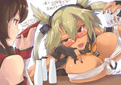 Rule 34 | 10s, 2girls, absurdres, armadillo-tokage, bad id, bad pixiv id, blonde hair, breasts, brown eyes, brown hair, cup, dark-skinned female, dark skin, drunk, highres, kantai collection, large breasts, long hair, multiple girls, musashi (kancolle), musashi kai (kancolle), pointy hair, translation request, yamato (kancolle)