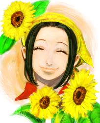 Rule 34 | 1girl, asuma (sorawomai), bandana, east blue, closed eyes, flower, green hair, highres, makino (one piece), one piece, smile, solo, sunflower