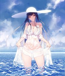 Rule 34 | 1girl, absurdres, ane naru mono, bikini, black bikini, black hair, blue hair, blue sky, breasts, chiyo (ane naru mono), cleavage, clothes lift, cloud, collarbone, day, deoxysilicic acid, dress, dress lift, hat, head tilt, highres, large breasts, lifted by self, long hair, looking at viewer, mole, mole under eye, navel, outdoors, purple eyes, see-through, sky, smile, solo, standing, sun hat, swimsuit, thighs, very long hair, wading, wet, wet clothes, wet dress, white bikini, white hat