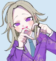 Rule 34 | 1boy, ahoge, blonde hair, blue background, blue necktie, blush, collared shirt, commentary request, floral print, hands up, heart, heart hands, jacket, jewelry, long hair, long sleeves, looking at viewer, makoto kagutsuchi, male focus, master detective archives: rain code, nanuti kun, necktie, open mouth, parted bangs, purple eyes, purple jacket, ring, shirt, signature, simple background, smile, solo, spoilers, upper body, white shirt