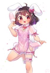 Rule 34 | 1girl, animal ears, bow, bridal garter, brown hair, carrot necklace, china dress, chinese clothes, commentary request, dress, dual wielding, food, highres, holding, ibaraki natou, inaba tewi, jewelry, looking at viewer, necklace, open mouth, pink dress, popsicle, puffy short sleeves, puffy sleeves, rabbit ears, rabbit girl, rabbit tail, red bow, red eyes, red ribbon, ribbon, ribbon trim, shoes, short hair, short sleeves, side slit, simple background, smile, solo, tail, touhou, white background