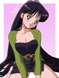 Rule 34 | 1girl, bishoujo senshi sailor moon, black dress, black hair, breasts, cleavage, dress, green jacket, highres, hino rei, jacket, large breasts, long hair, nanaeljustice, purple eyes, short dress, smile, solo, spread legs, thick thighs, thighs, tongue, tongue out