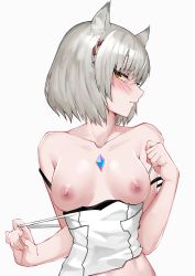 Rule 34 | 1girl, absurdres, animal ears, blush, bra, bra pull, bra strap, braid, breasts, breasts out, cat ears, chest jewel, closed mouth, clothes pull, collarbone, embarrassed, full-face blush, grey hair, highres, jackcb, looking at viewer, medium breasts, messy hair, mio (xenoblade), nipples, pulled by self, short hair, simple background, single braid, solo, strap pull, strap slip, tank top, underwear, undressing, upper body, xenoblade chronicles (series), xenoblade chronicles 3, yellow eyes