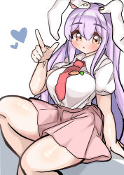 Rule 34 | 1girl, absurdres, animal ears, blush, breasts, carrot, carrot necklace, finger gun, highres, jacket, jewelry, kkfri 2525, large breasts, long hair, looking at viewer, necklace, necktie, open mouth, pink skirt, purple hair, rabbit ears, rabbit girl, rabbit tail, red eyes, red necktie, reisen udongein inaba, shirt, sitting, skirt, solo, tail, thighs, touhou, white background