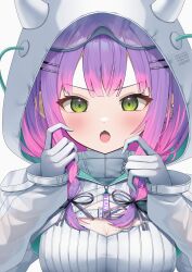 Rule 34 | 1girl, blush, breasts, cleavage, ear piercing, fang, gloves, goggles, goggles on head, gradient hair, green eyes, hair ornament, hairclip, highres, hololive, hood, hood up, koba (kobako42), long hair, looking at viewer, medium breasts, multicolored hair, official alternate costume, open mouth, piercing, pink hair, purple hair, solo, streaked hair, tokoyami towa, tokoyami towa (5th costume), upper body, virtual youtuber, white background, white gloves